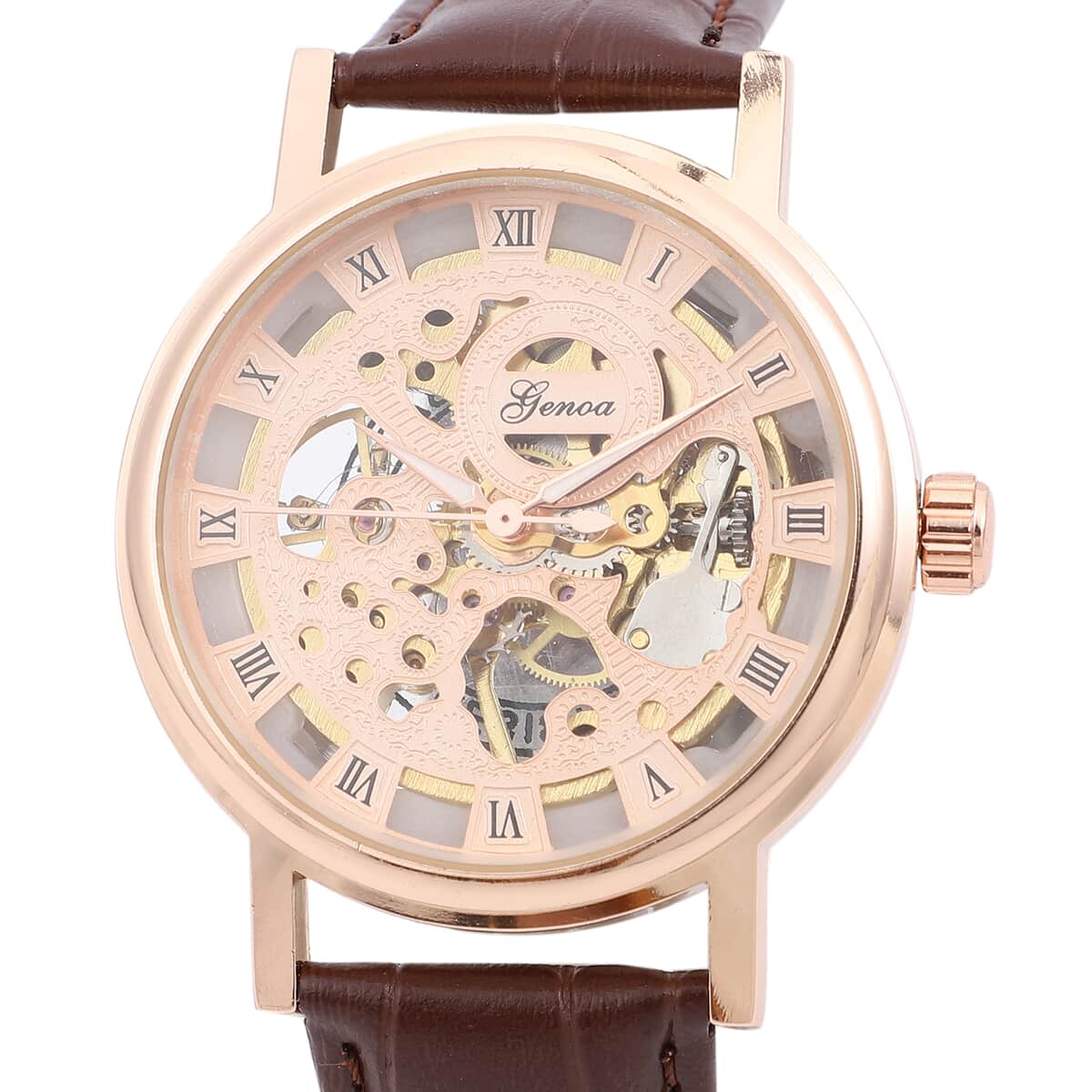 Genoa Automatic Mechanical Movement Hollowed Out Watch in Rosetone with Brown Leather Band image number 3