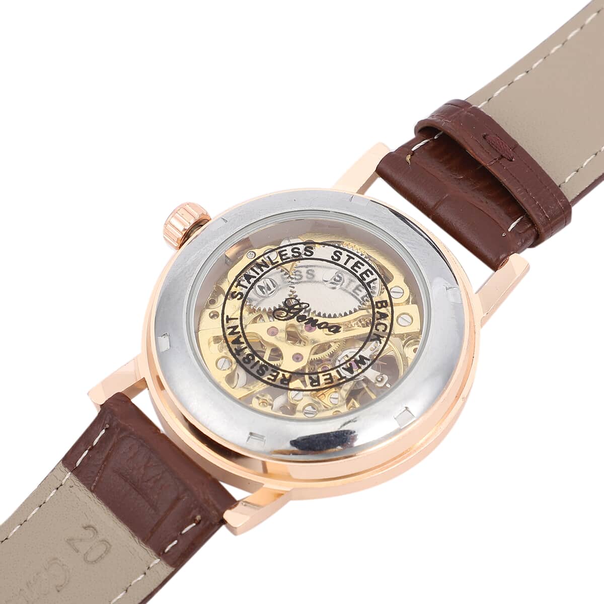 Genoa Automatic Mechanical Movement Hollowed Out Watch in Rosetone with Brown Leather Band image number 5