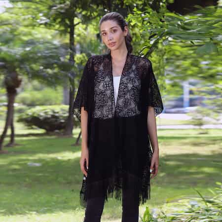 JOVIE Black Lace Kimono for Women with Fine Fringe Hem | Open front Kimono | Ladies Kimono image number 0