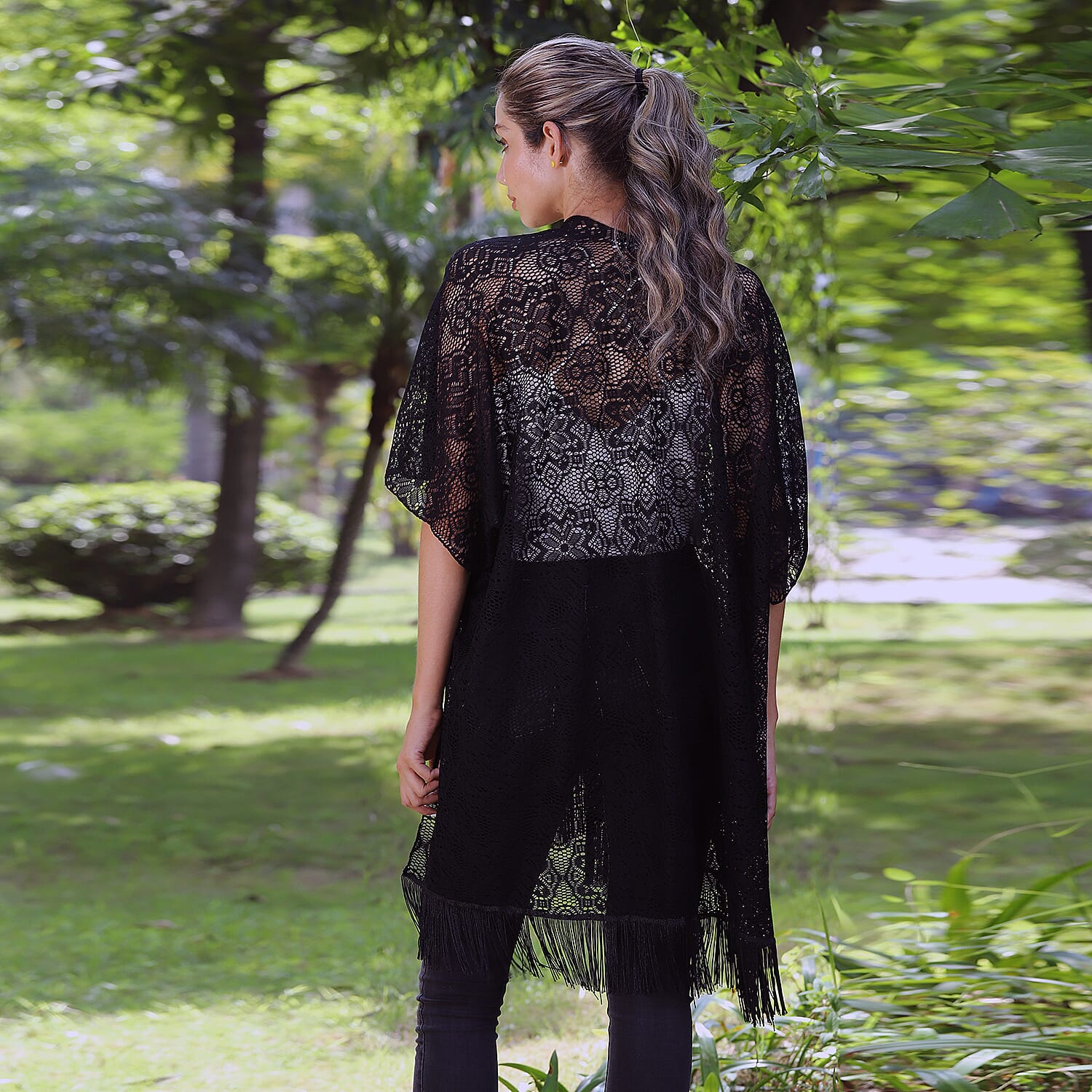 JOVIE Black Lace Kimono for Women with Fine Fringe Hem | Open front Kimono | Ladies Kimono
