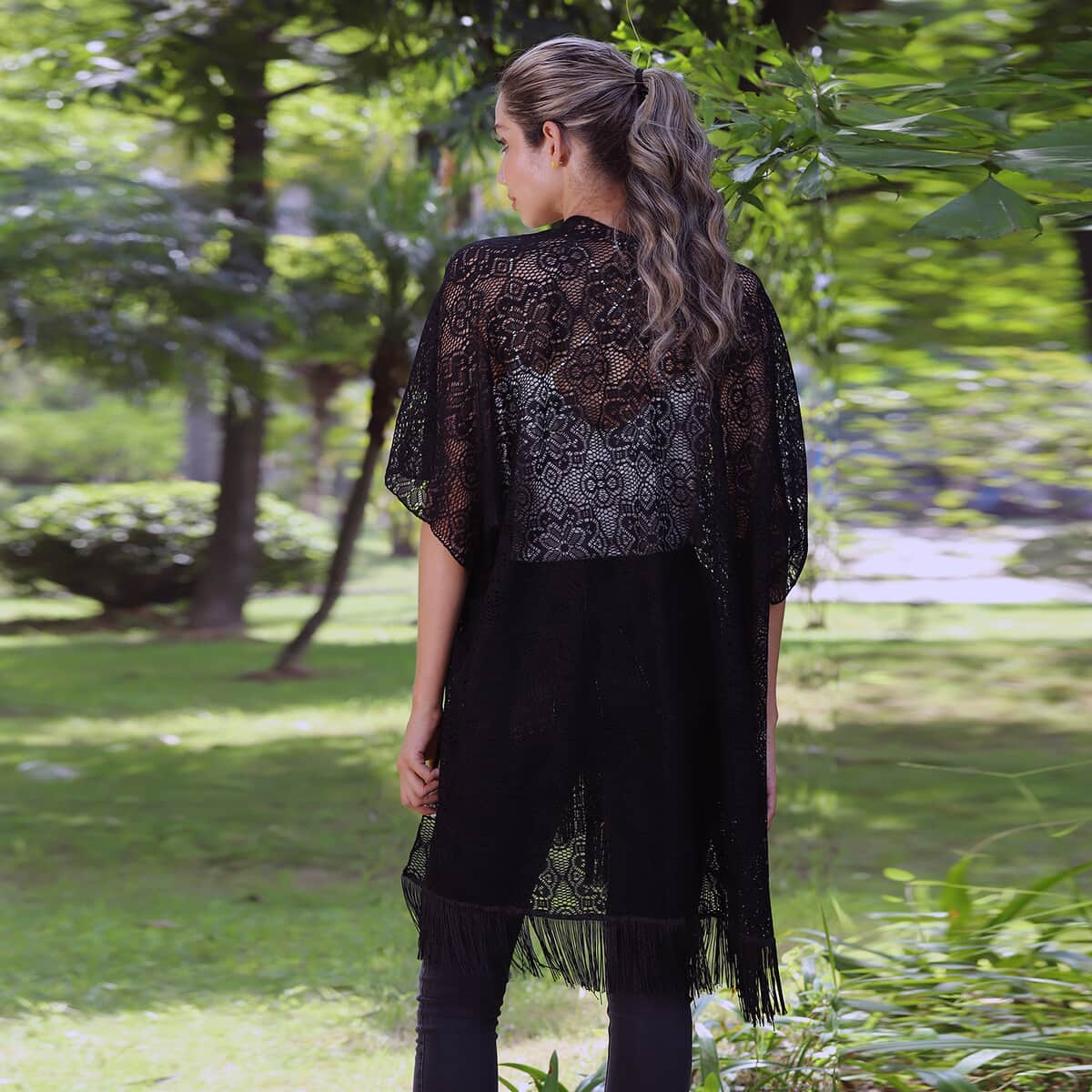 JOVIE Black Lace Kimono for Women with Fine Fringe Hem | Open front Kimono | Ladies Kimono image number 1