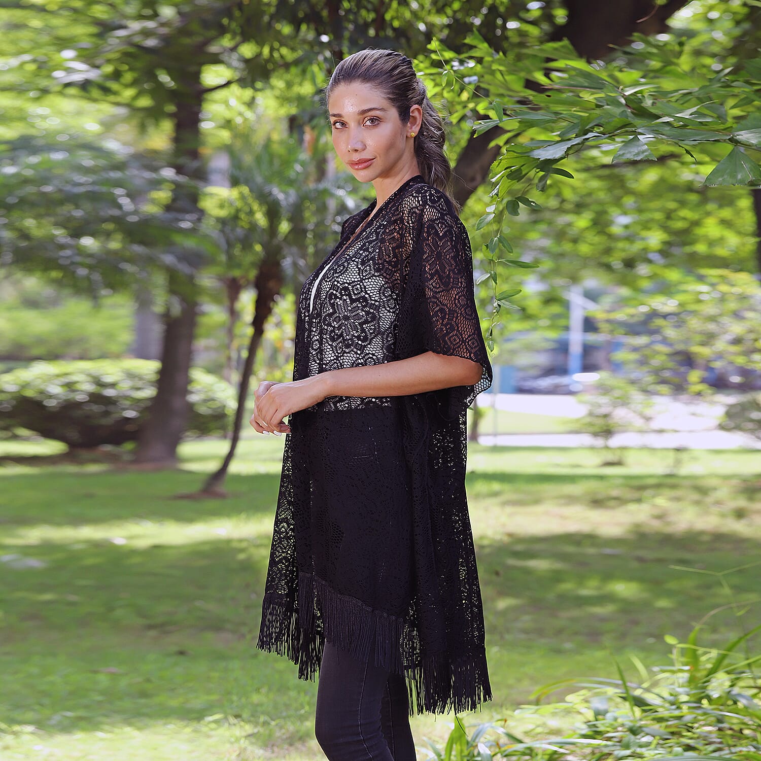 JOVIE Black Lace Kimono for Women with Fine Fringe Hem | Open front Kimono | Ladies Kimono