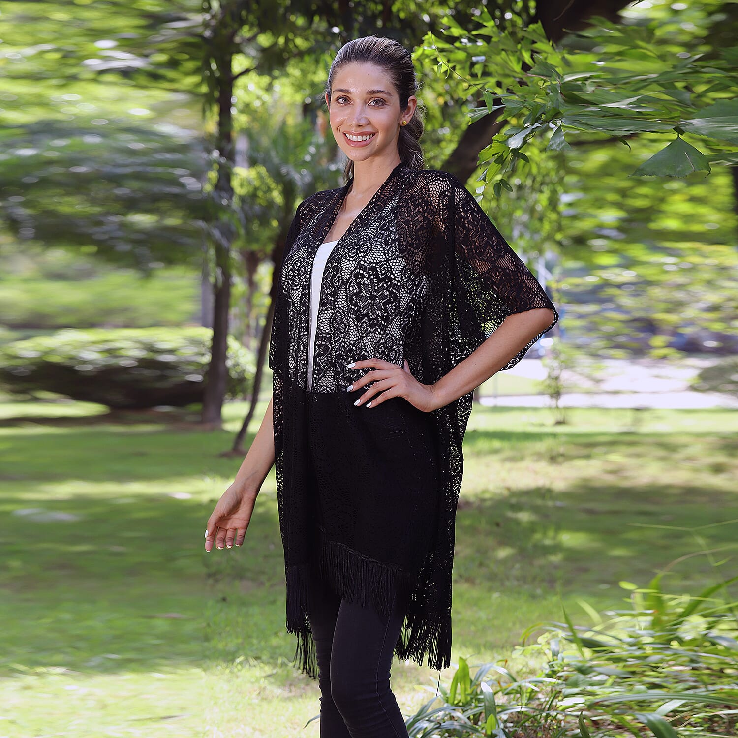 JOVIE Black Lace Kimono for Women with Fine Fringe Hem | Open front Kimono | Ladies Kimono