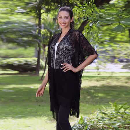 JOVIE Black Lace Kimono for Women with Fine Fringe Hem | Open front Kimono | Ladies Kimono image number 3