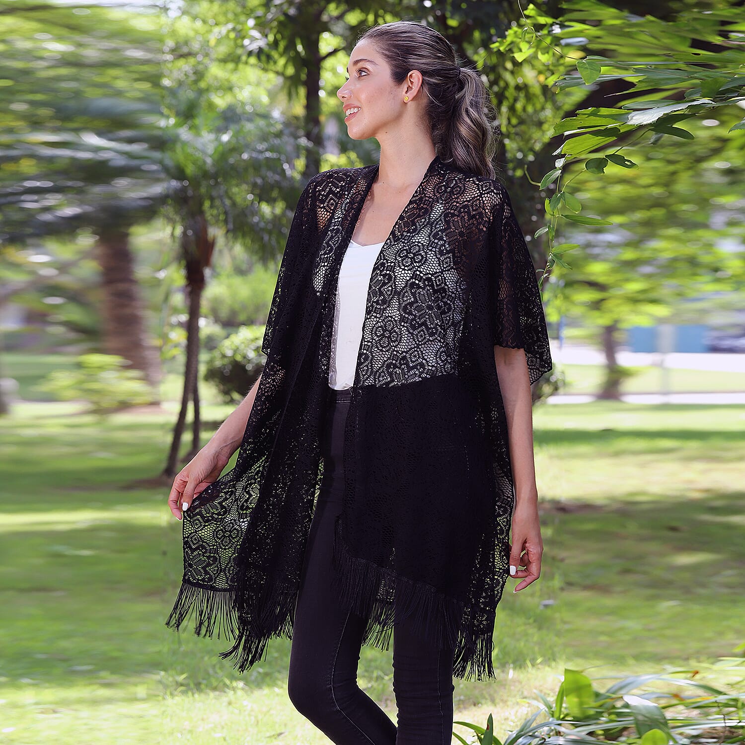 JOVIE Black Lace Kimono for Women with Fine Fringe Hem | Open front Kimono | Ladies Kimono