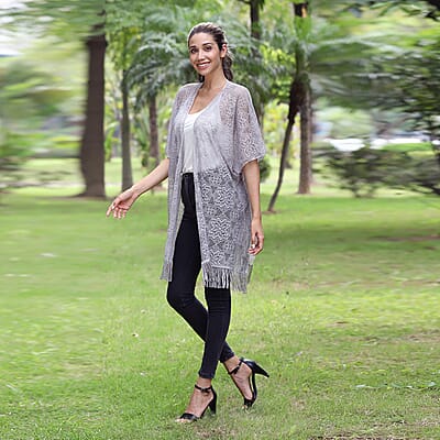 JOVIE Slate Blue Lace Kimono for Women with Fine Fringe Hem | Open front Kimono | Ladies Kimono