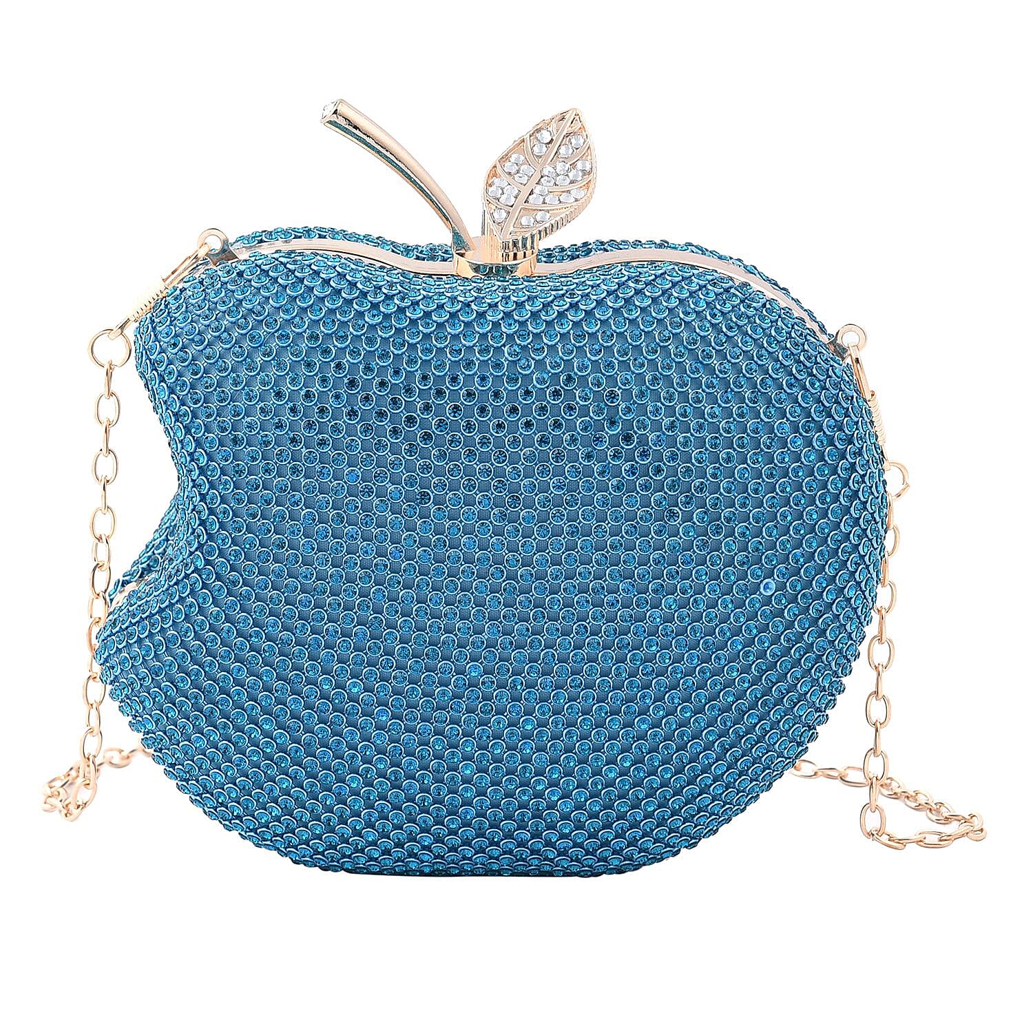 Light Blue Sparkling Crystal Bitten Apple Shape Clutch Bag with Detachable Chain