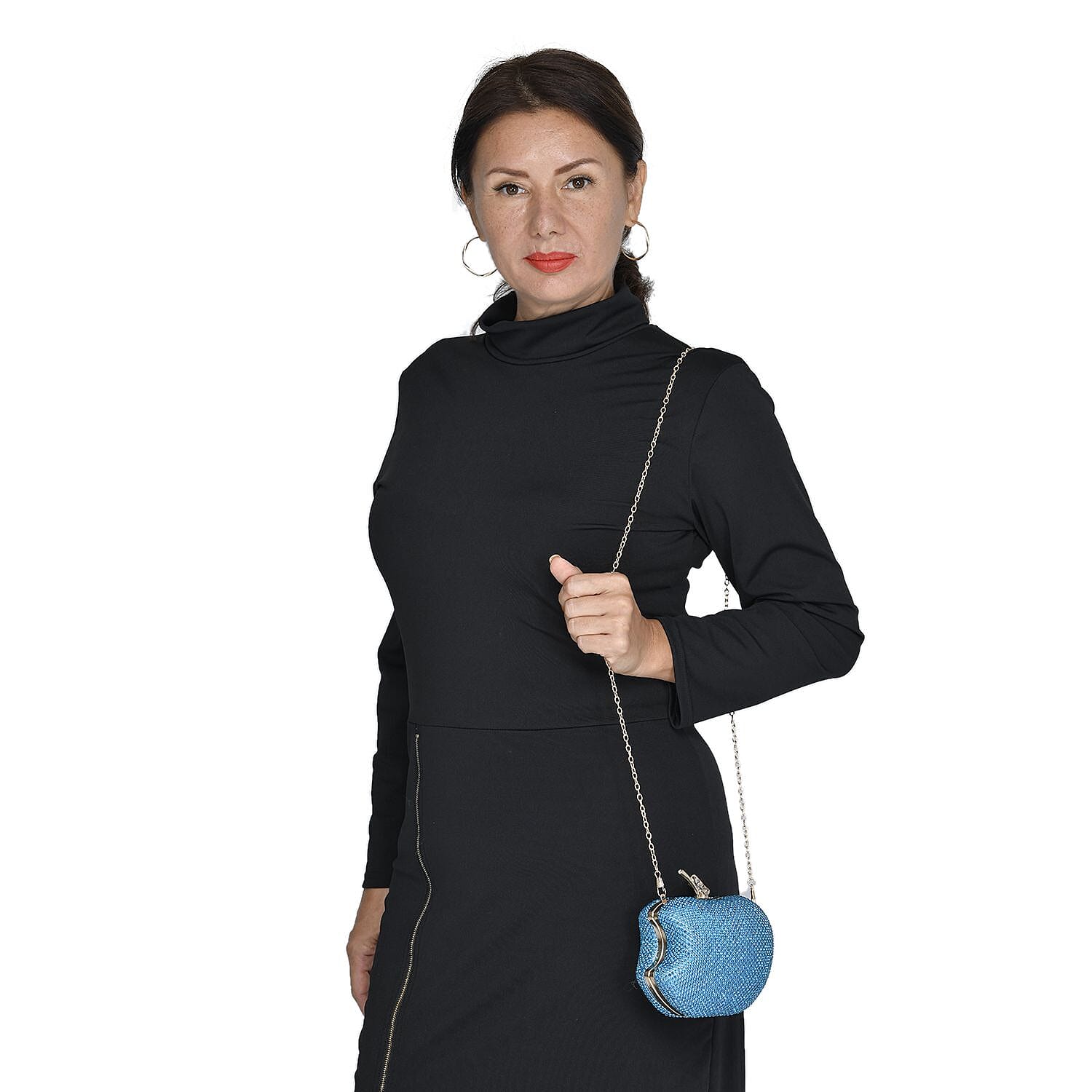 Light Blue Sparkling Crystal Bitten Apple Shape Clutch Bag with Detachable Chain