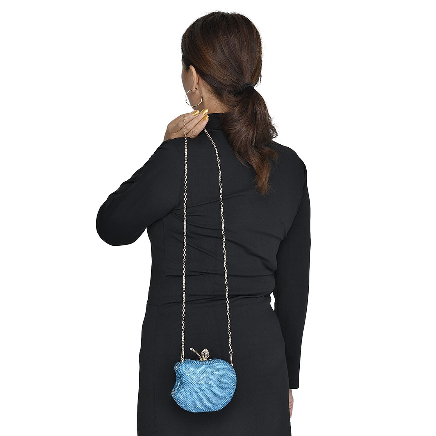 Light Blue Sparkling Crystal Bitten Apple Shape Clutch Bag with Detachable Chain