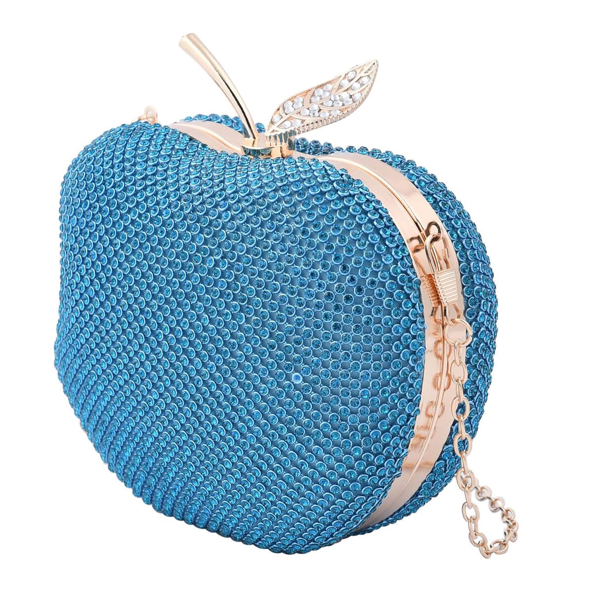 Light Blue Sparkling Crystal Bitten Apple Shape Clutch Bag with Detachable Chain image number 3