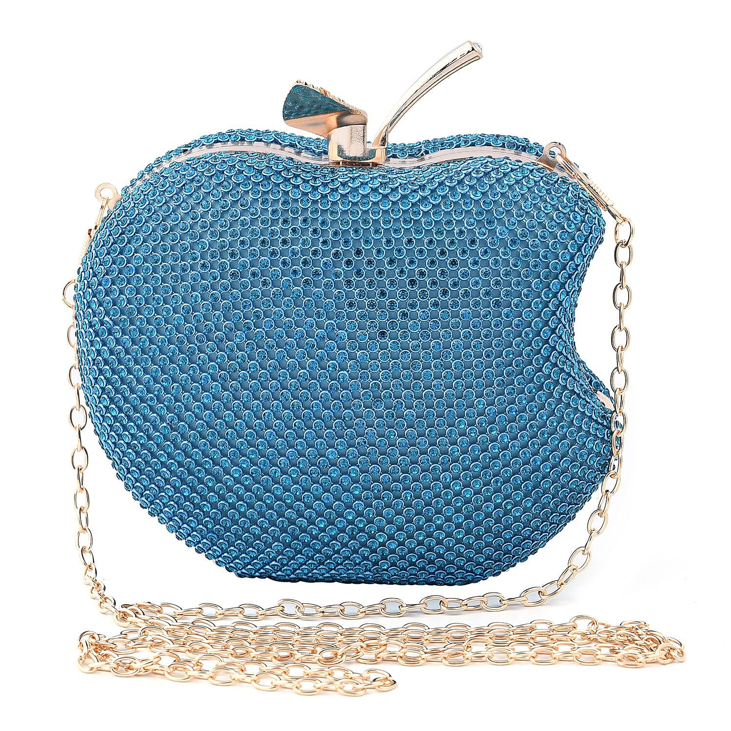 Light Blue Sparkling Crystal Bitten Apple Shape Clutch Bag with Detachable Chain