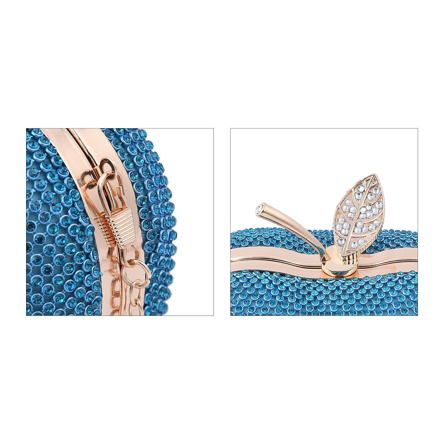 Light Blue Sparkling Crystal Bitten Apple Shape Clutch Bag with Detachable Chain
