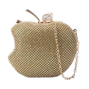 Gold Sparkling Crystal Bitten Apple Shape Clutch Bag with Detachable Chain