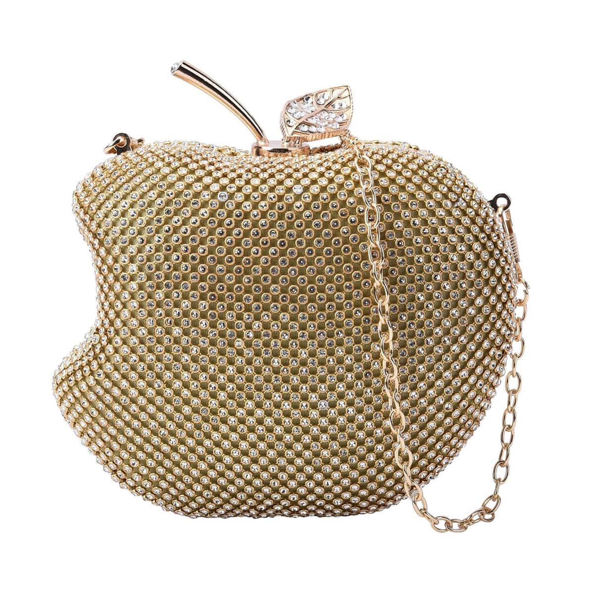 Gold Sparkling Crystal Bitten Apple Shape Clutch Bag with Detachable Chain image number 0