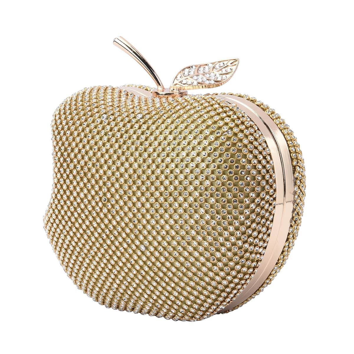 Gold Sparkling Crystal Bitten Apple Shape Clutch Bag with Detachable Chain image number 1