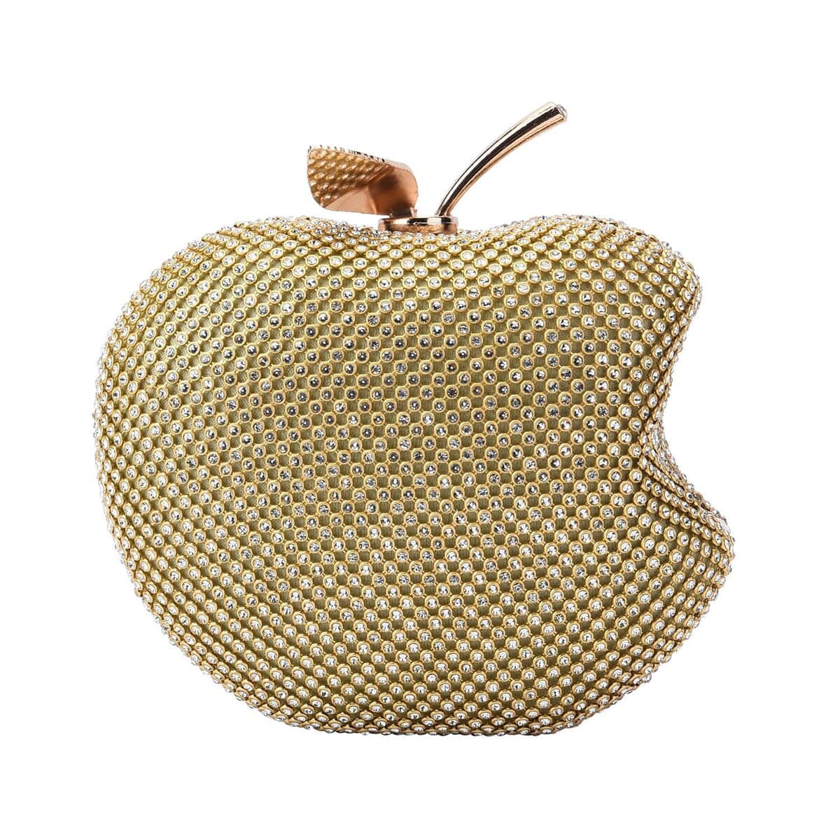 Gold Sparkling Crystal Bitten Apple Shape Clutch Bag with Detachable Chain image number 3