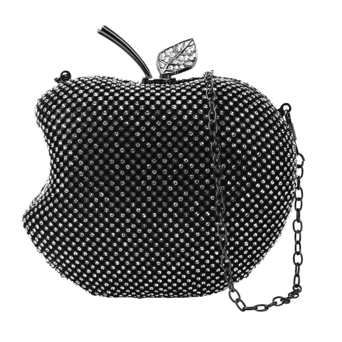 Gun Color Sparkling Crystal Bitten Apple Shape Clutch Bag with Detachable Chain image number 0