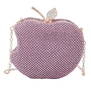 Pink Sparkling Crystal Bitten Apple Shape Clutch Bag with Detachable Chain