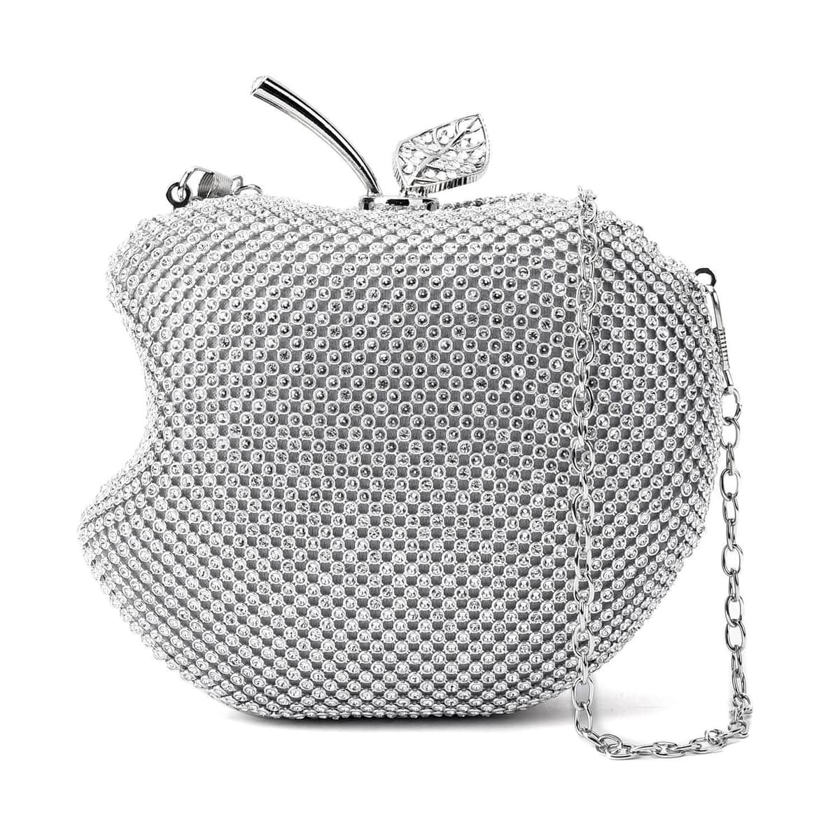 Silver Sparkling Crystal Bitten Apple Shape Clutch Bag with Detachable Chain image number 0