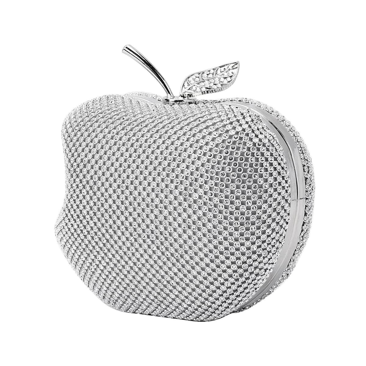 Silver Sparkling Crystal Bitten Apple Shape Clutch Bag with Detachable Chain image number 1