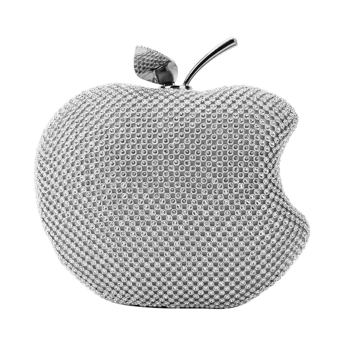 Silver Sparkling Crystal Bitten Apple Shape Clutch Bag with Detachable Chain image number 2