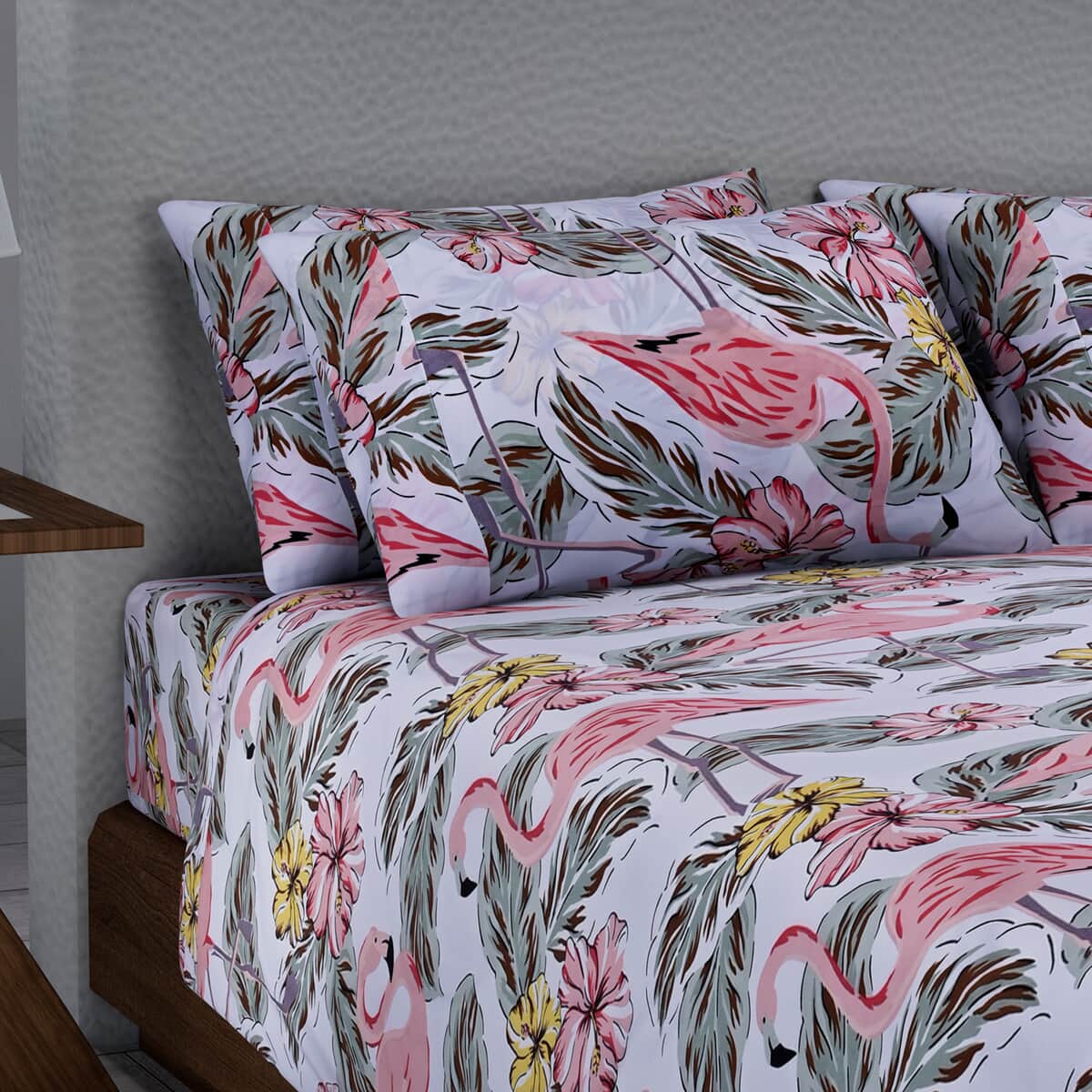 HOMESMART Flamingo and Flower Print Pattern 6 Pcs Microfiber Sheet Set (with 14 Deep Pocket) - Full , Bed Sheets , Fitted Sheet , Bed Sheet Set , Microfiber Sheets image number 1