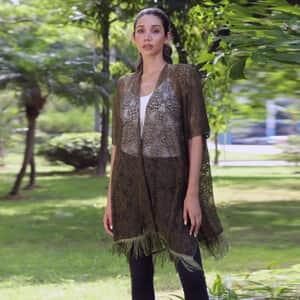 Jovie Forest Green Lace Kimono with Fine Fringe Hem