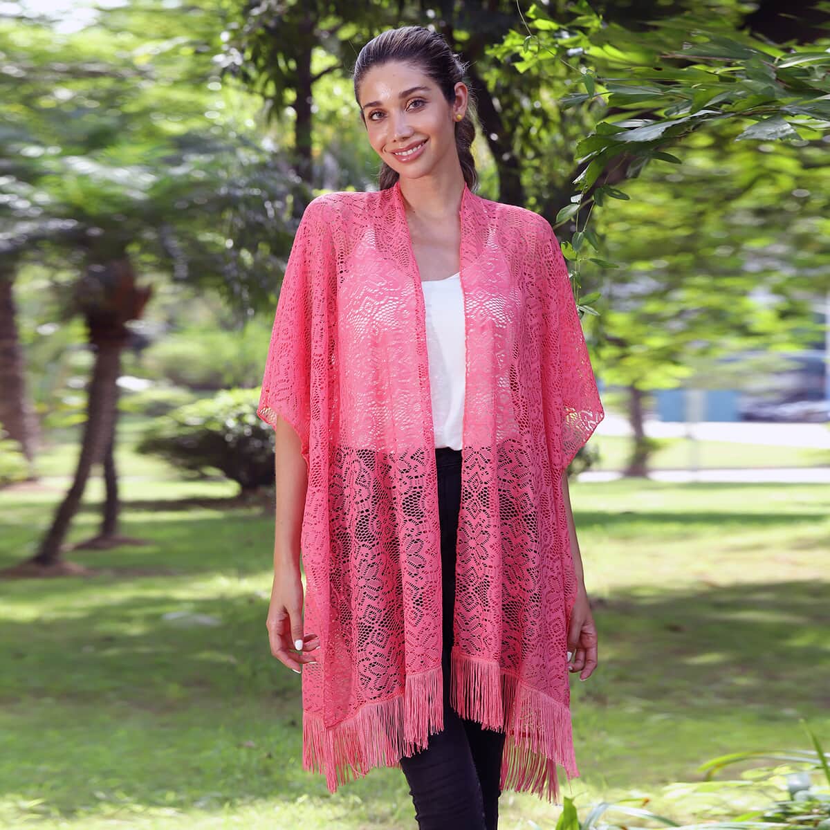 Jovie Pink Lace Kimono for Women with Fine Fringe Hem | Open front Kimono | Ladies Kimono image number 0