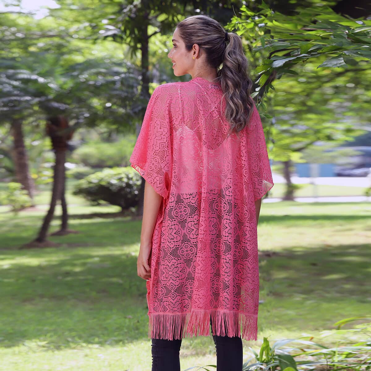 Jovie Pink Lace Kimono for Women with Fine Fringe Hem | Open front Kimono | Ladies Kimono image number 1