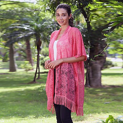 Jovie Pink Lace Kimono for Women with Fine Fringe Hem | Open front Kimono | Ladies Kimono