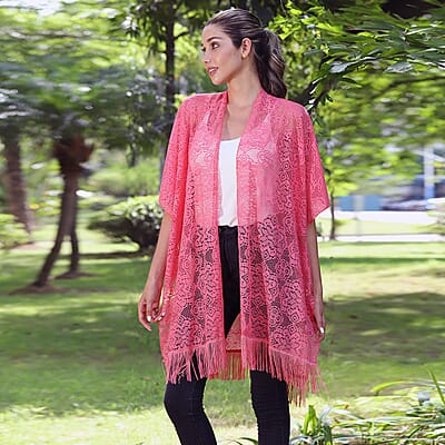 Jovie Pink Lace Kimono for Women with Fine Fringe Hem | Open front Kimono | Ladies Kimono