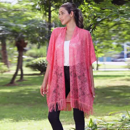 Jovie Pink Lace Kimono for Women with Fine Fringe Hem | Open front Kimono | Ladies Kimono image number 3