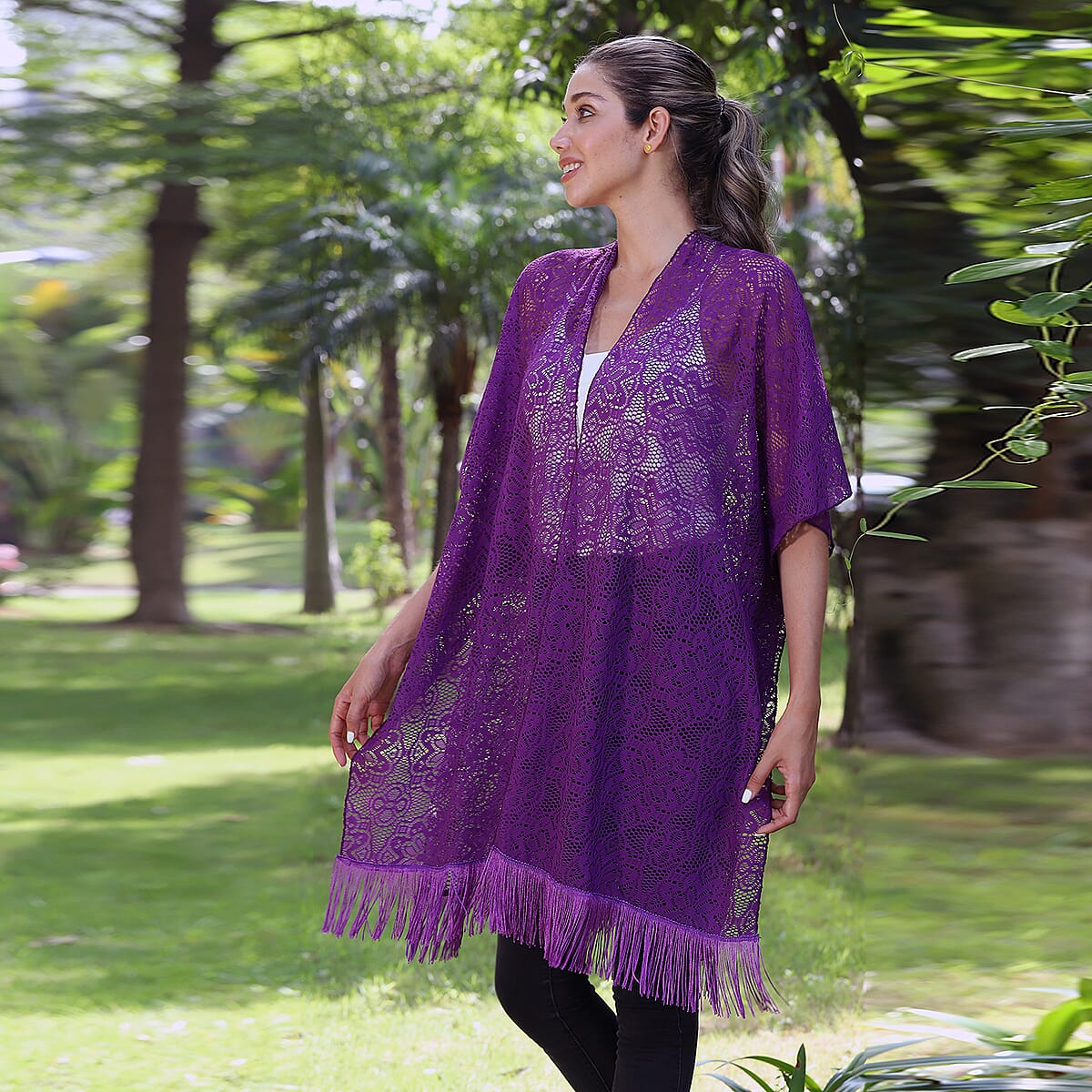 JOVIE Purple Lace Kimono for Women with Fine Fringe Hem | Open front Kimono | Ladies Kimono image number 2