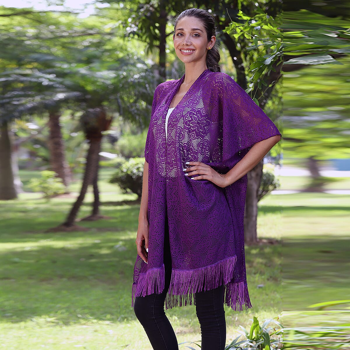 JOVIE Purple Lace Kimono for Women with Fine Fringe Hem | Open front Kimono | Ladies Kimono image number 3