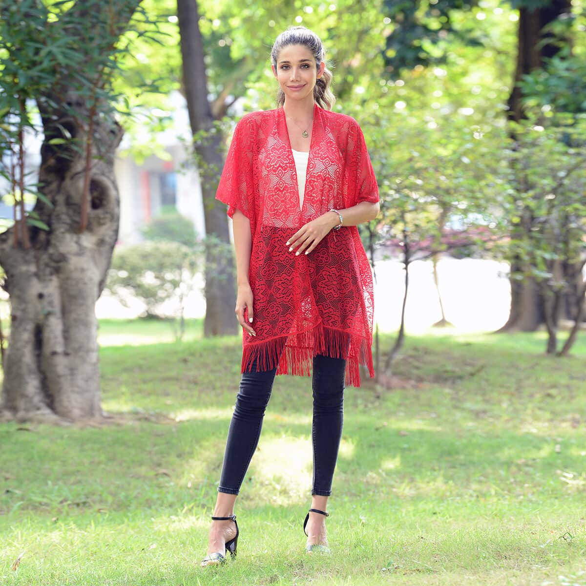 Jovie Red Lace Kimono for Women with Fine Fringe Hem , Open front Kimono , Ladies Kimono image number 0