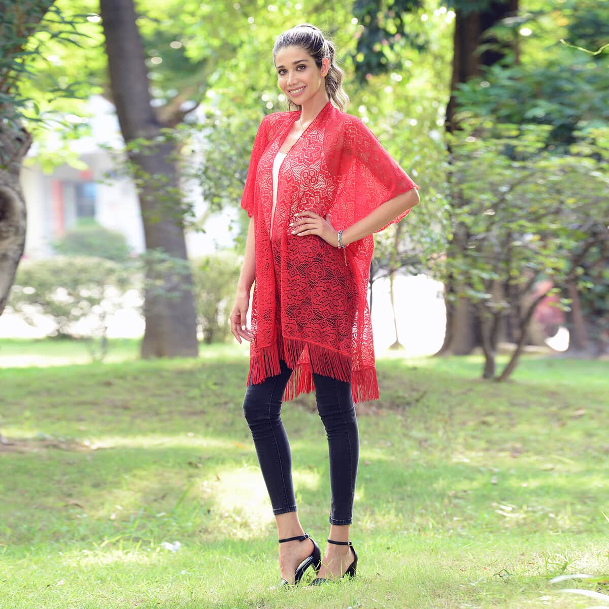 Jovie Red Lace Kimono for Women with Fine Fringe Hem , Open front Kimono , Ladies Kimono image number 3