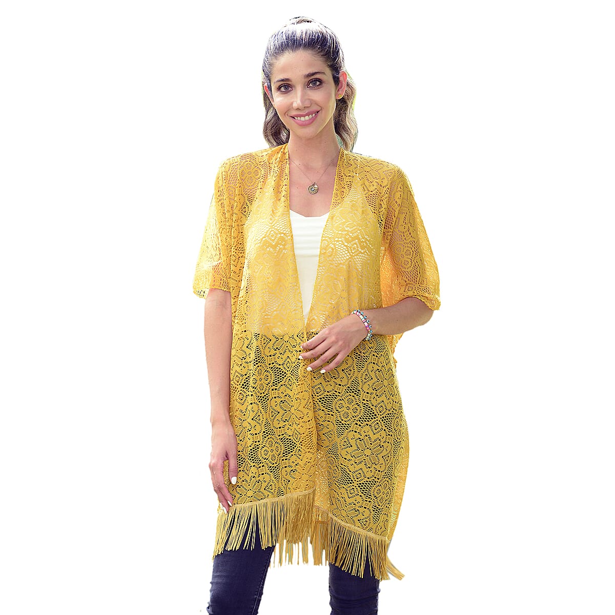 Jovie Citrine Lace Kimono for Women with Fine Fringe Hem | Open front Kimono | Ladies Kimono image number 0