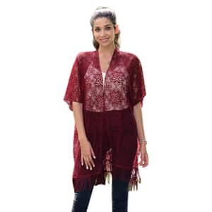 Jovie Burgundy Lace Kimono for Women with Fine Fringe Hem | Open front Kimono | Ladies Kimono