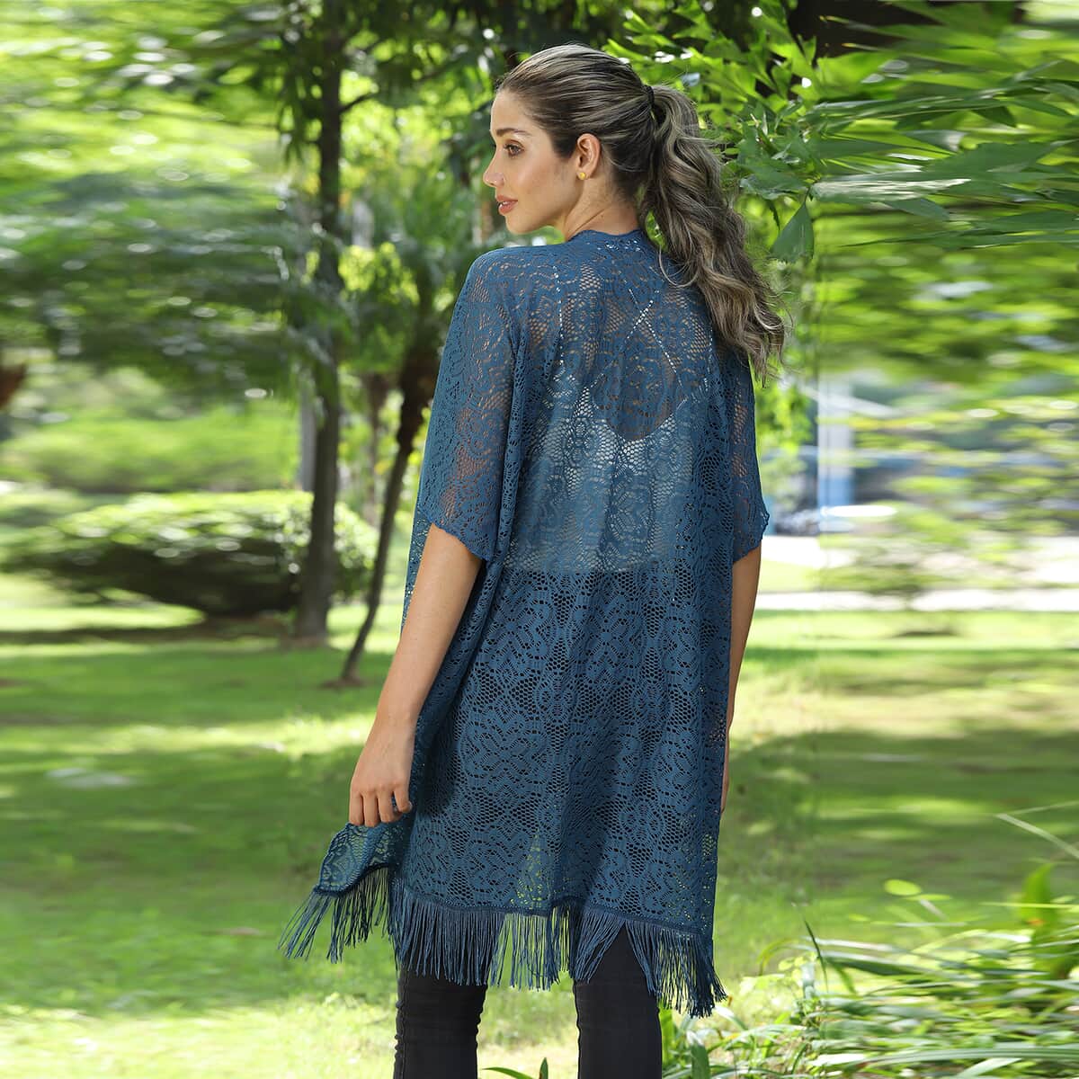 Jovie Denim Blue Lace Kimono for Women with Fine Fringe Hem , Open front Kimono , Ladies Kimono image number 1