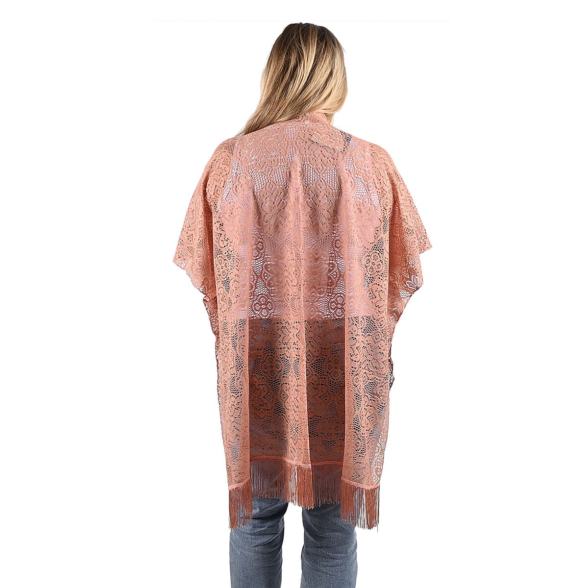 Jovie Blush Lace Kimono for Women with Fine Fringe Hem | Open front Kimono | Ladies Kimono image number 1