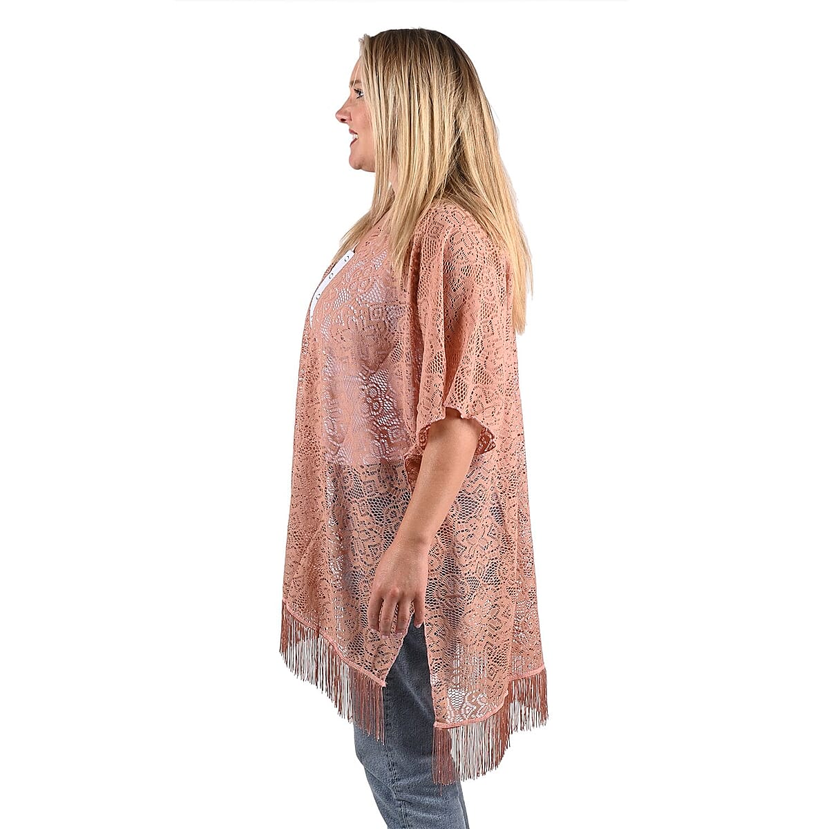 Jovie Blush Lace Kimono for Women with Fine Fringe Hem | Open front Kimono | Ladies Kimono image number 2