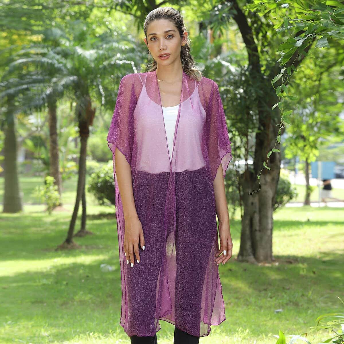 Jovie Purple Mesh Lurex Kimono Duster , Women's Polyester Kimono , Summer Kimono , Open-Front Kimono image number 0
