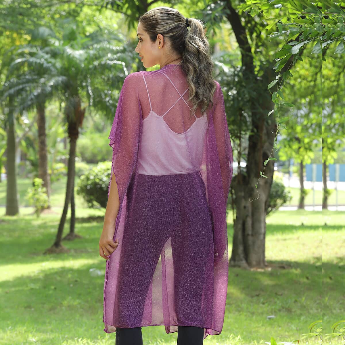 Jovie Purple Mesh Lurex Kimono Duster , Women's Polyester Kimono , Summer Kimono , Open-Front Kimono image number 1