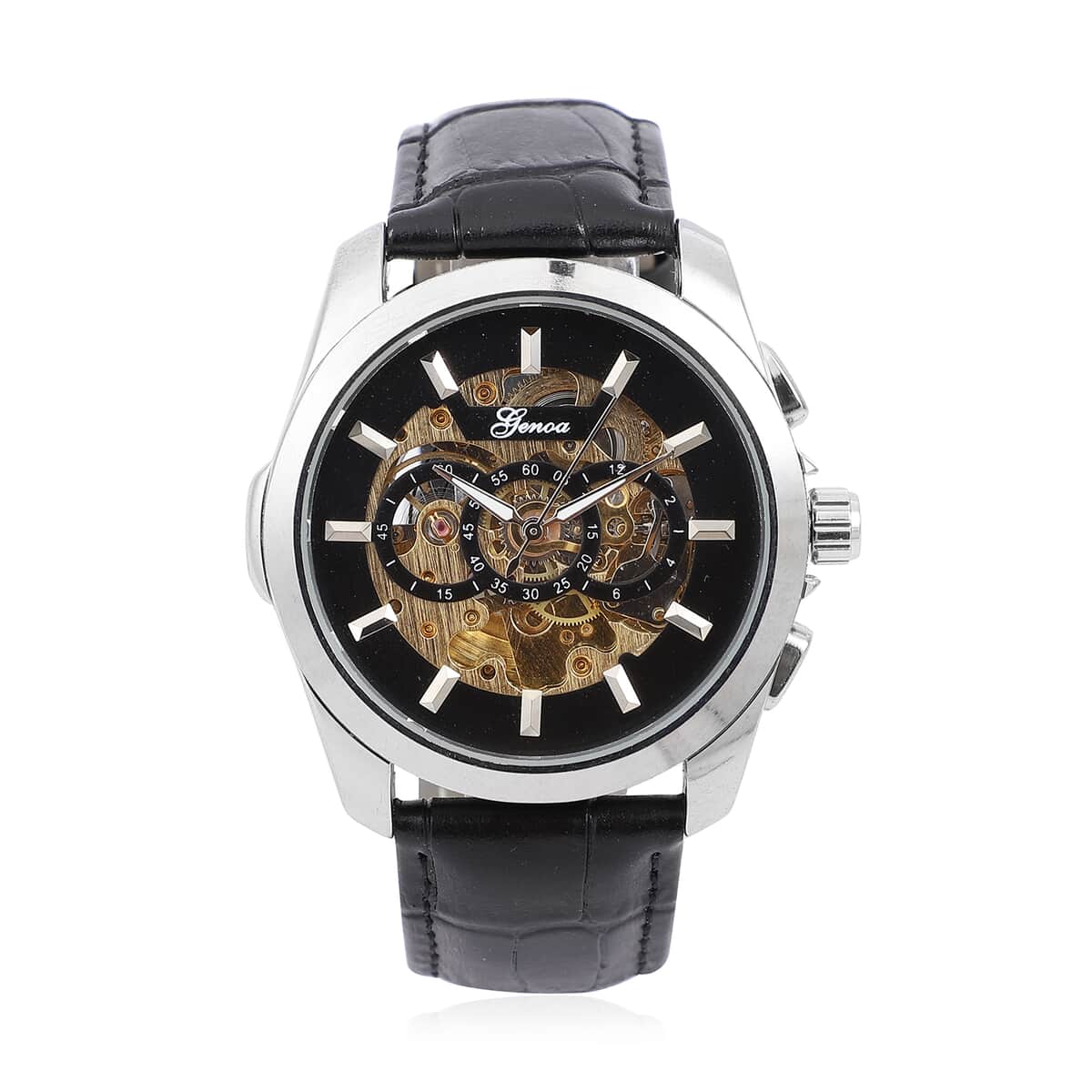 Genoa Automatic Mechanical Movement Watch with Black Skeleton Dial & Black Leather Strap image number 0