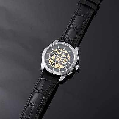 Genoa Automatic Mechanical Movement Watch with Black Skeleton Dial & Black Leather Strap