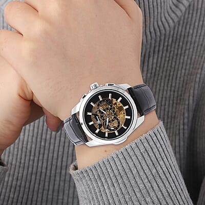Genoa Automatic Mechanical Movement Watch with Black Skeleton Dial & Black Leather Strap