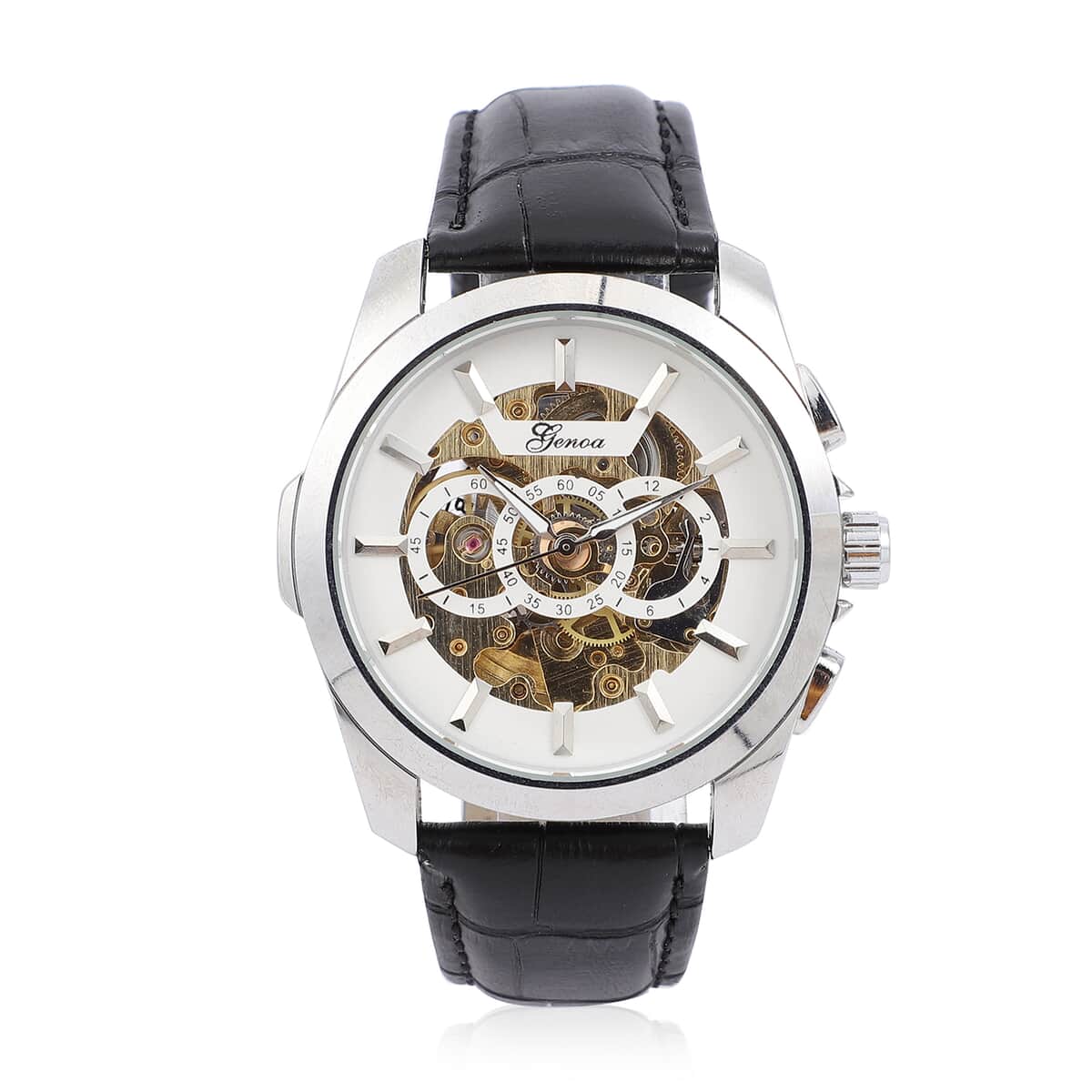 Genoa Automatic Mechanical Movement Watch with White Skeleton Dial & Black Leather Strap image number 0