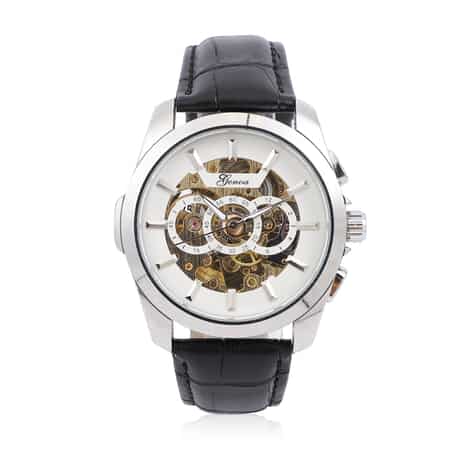 Genoa Automatic Mechanical Movement Watch with White Skeleton Dial & Black Leather Strap image number 0