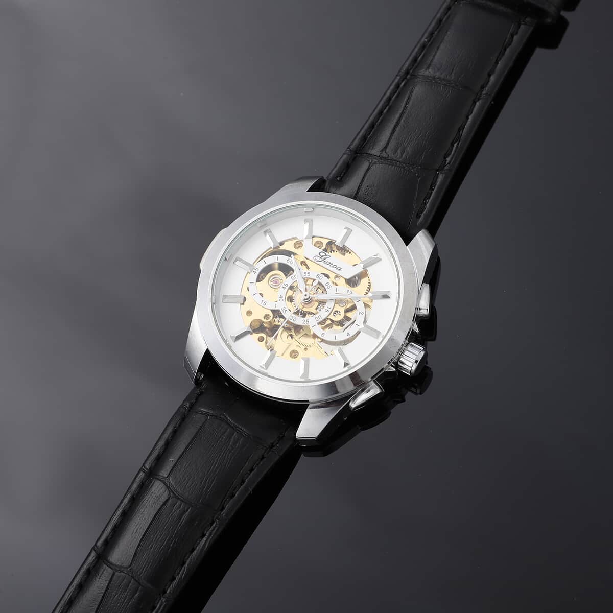 Genoa Automatic Mechanical Movement Watch with White Skeleton Dial & Black Leather Strap image number 1