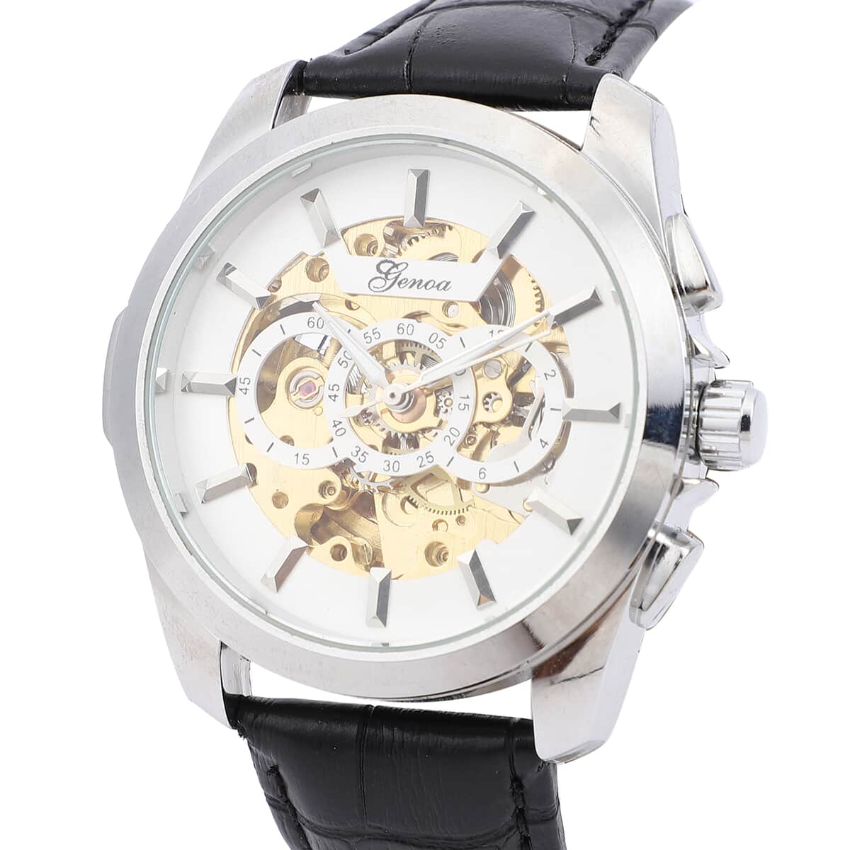 Genoa Automatic Mechanical Movement Watch with White Skeleton Dial & Black Leather Strap image number 3